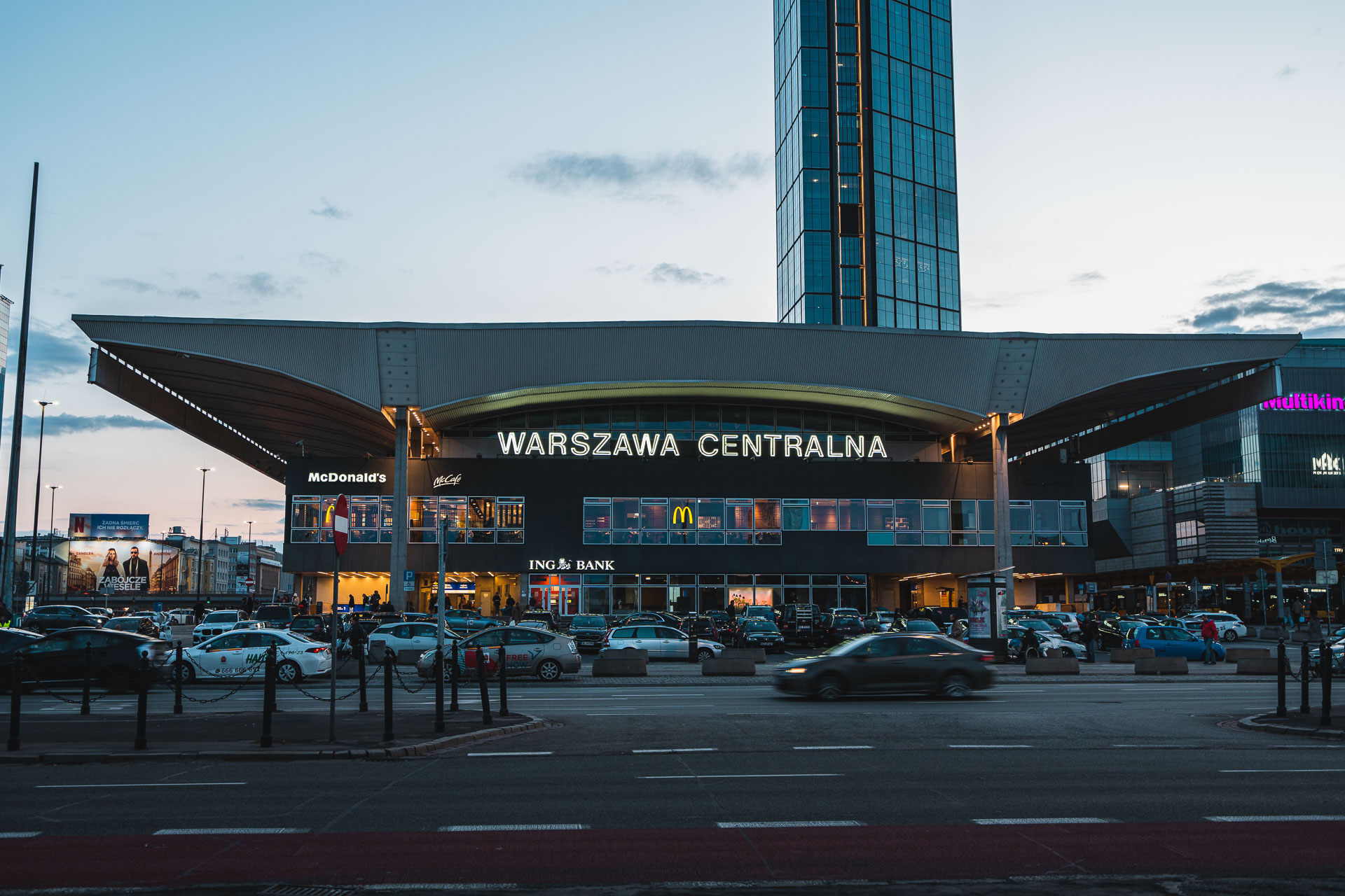 Warsaw central station after sunset