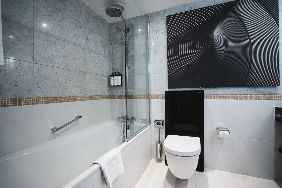 The bathroom of a room inside Sofitel hotel in Warsaw