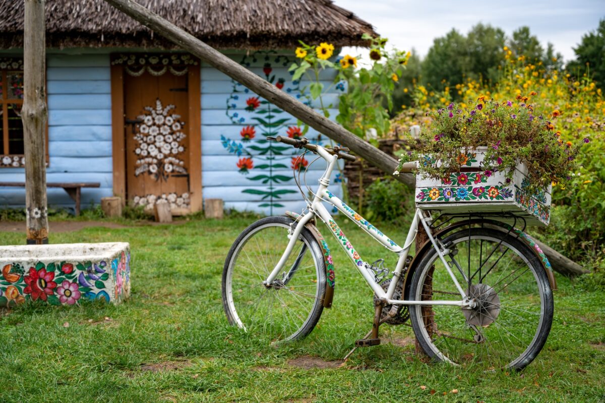 A colorful home and bike in Zalipie.